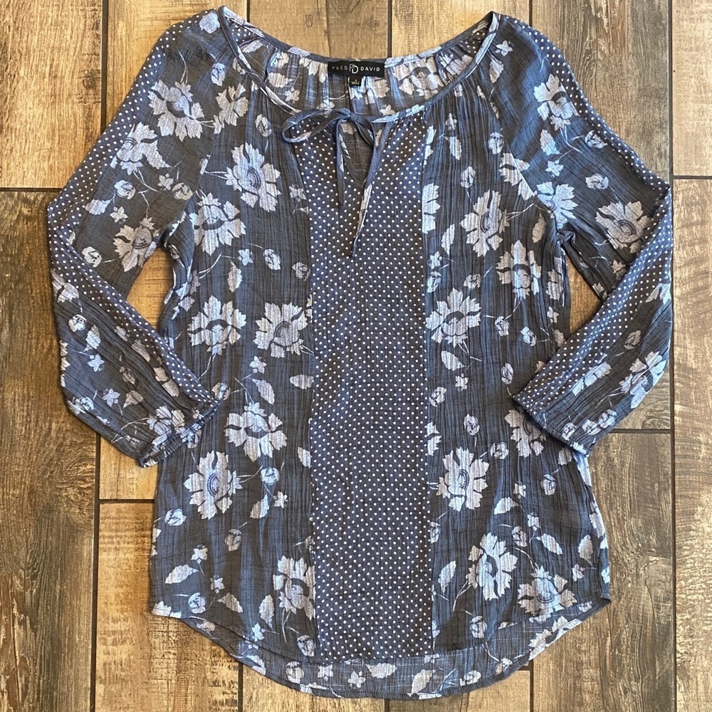 Fred David Gray and Blue Floral Blouse